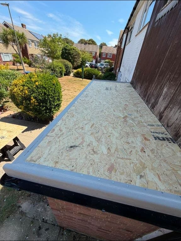 During photo of flat roof re-boarded before GRP fibreglass coating - Littlehampton, West Sussex